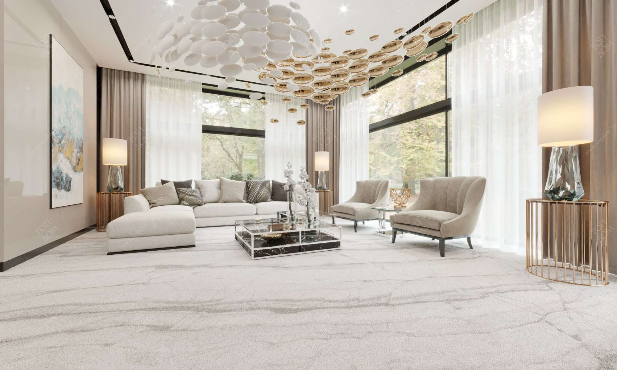 Сечатания бежевого и серого в гостиной