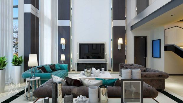 Бирюзовые оттенки в дизайне гостиной