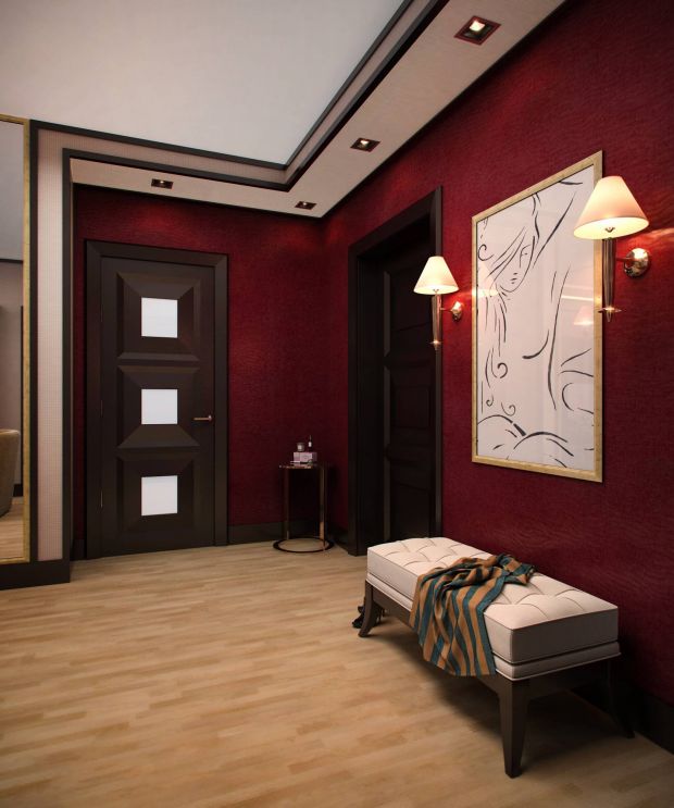 Сочетание бежевого и красного цветов в прихожей