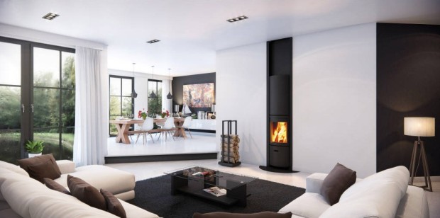 Современный камин встроенный в шкаф