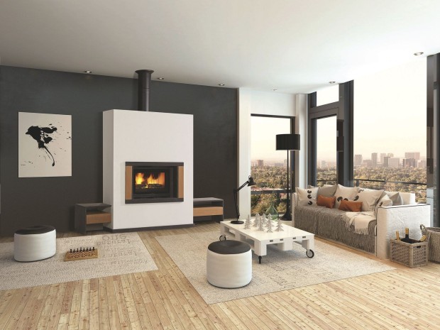 Пристенный камин в современной гостиной