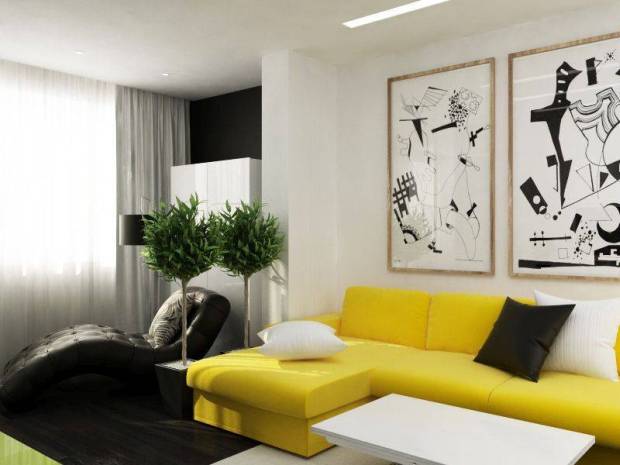 Белый цвет в дизайне интерьера с желтым