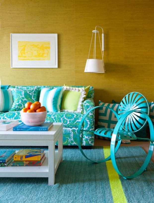 Бирюзовый цвет в интерьере в сочетании с желтым