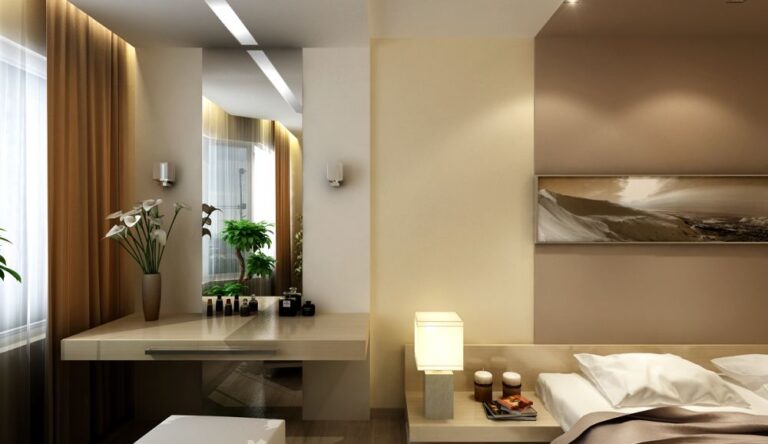 Эффектный дизайн спальни в кофейных тонах с туалетным столиком