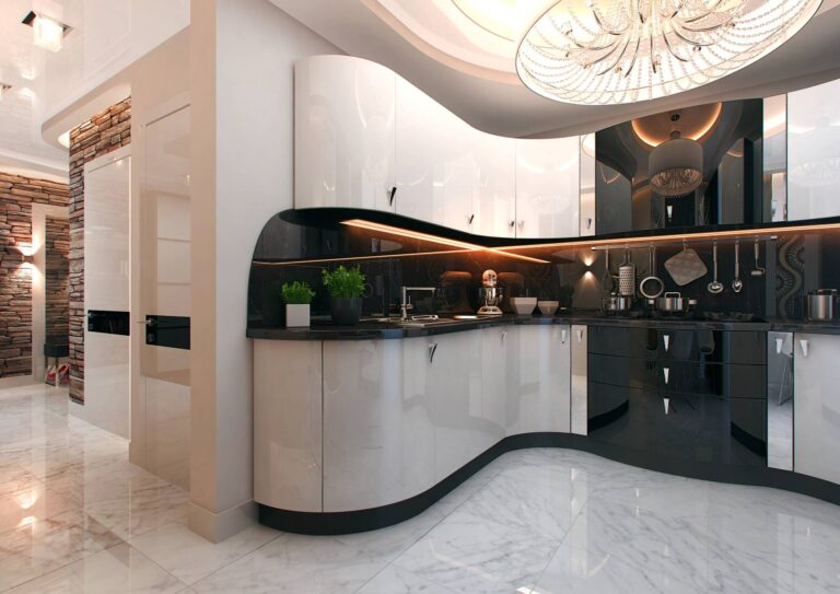 Черная столешница в глянцевой белой кухне