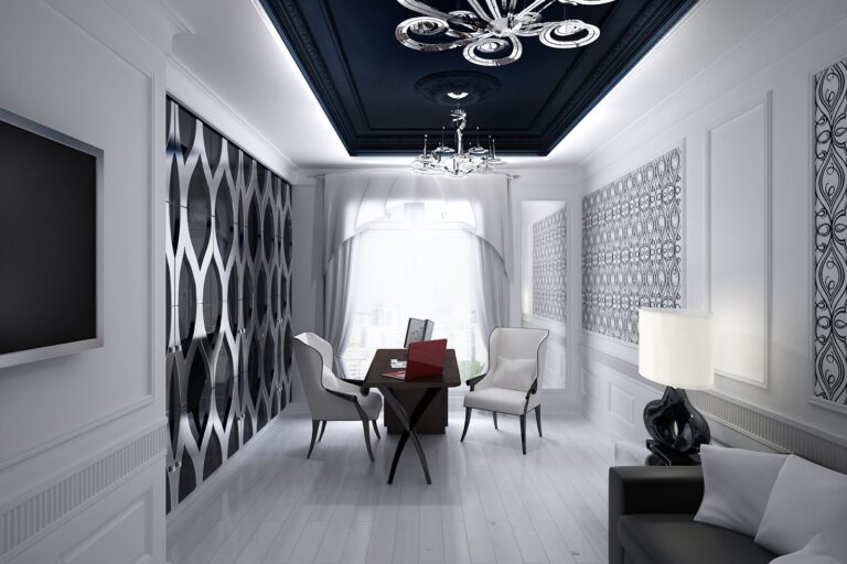 Дизайн черно-белого кабинета с серебристой фантазийной люстрой