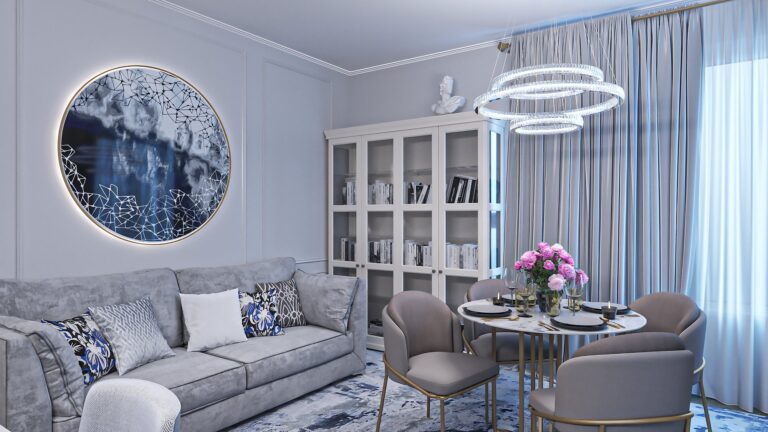 Круглое большое панно в интерьере столовой