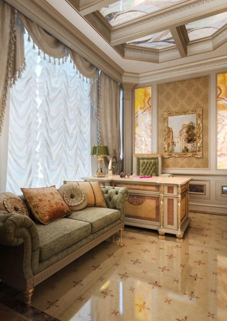 Оливковая мягкая мебель в песочном интерьере кабинета