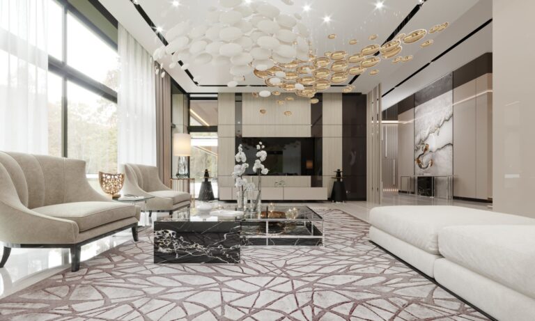 Интерьер гостиной со светлой мебелью и темным столом