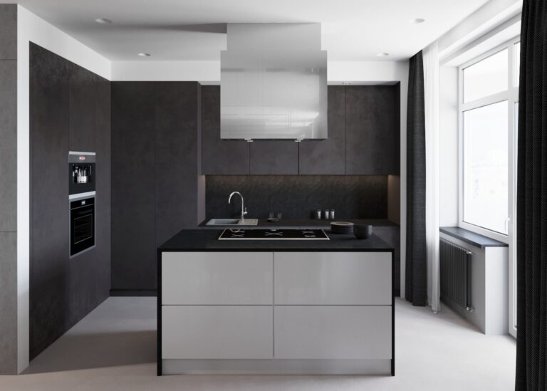 Черные шкафы и стол-остров в дизайне компактной кухни