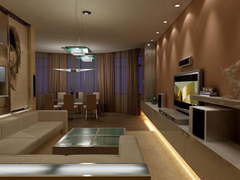 Светло-серая полка для аппаратуры с нижней подсветкой в оформлении гостиной