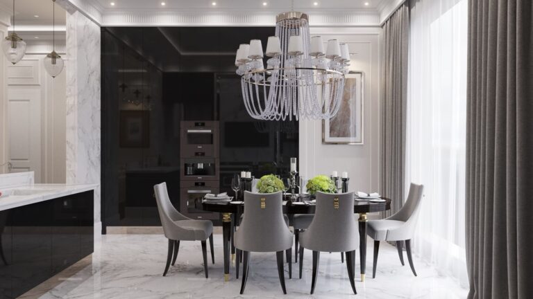 Интерьер черно-белой кухни с люстрой из стеклянных бус