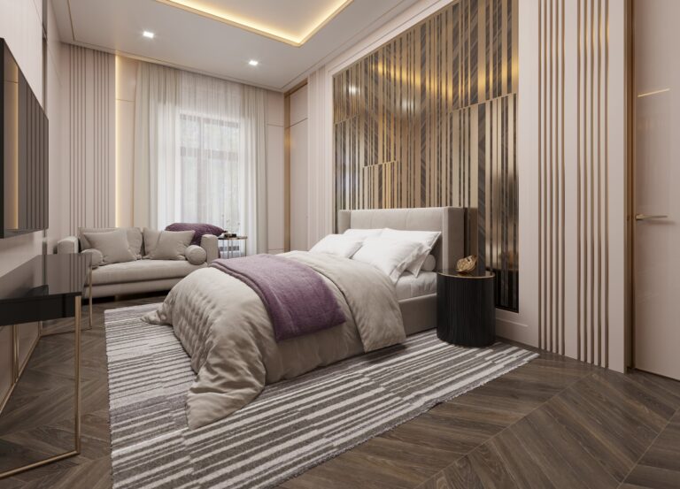 Отделка стен спальни фактурными панелями