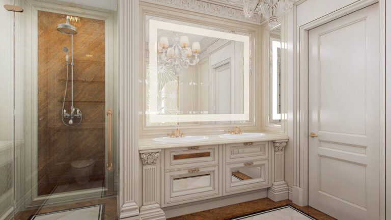 Ванная комната с застекленной душевой кабиной, отделанной коричневым мрамором