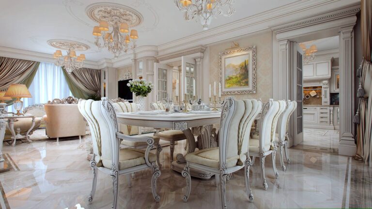 Столовая с обеденной группой из массива древесины ценных пород