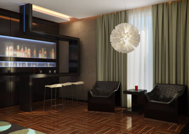 Элегантный интерьер гостиной с белым подвесным светильником