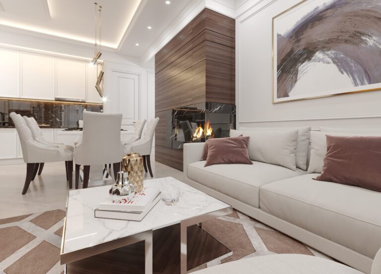 Белый мраморный стол в дизайне светлой гостиной