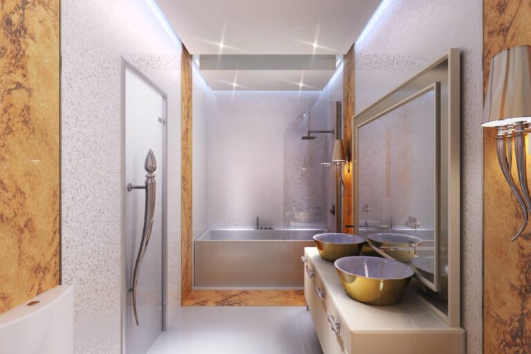 Оформление туалета с панелями коричневого мрамора