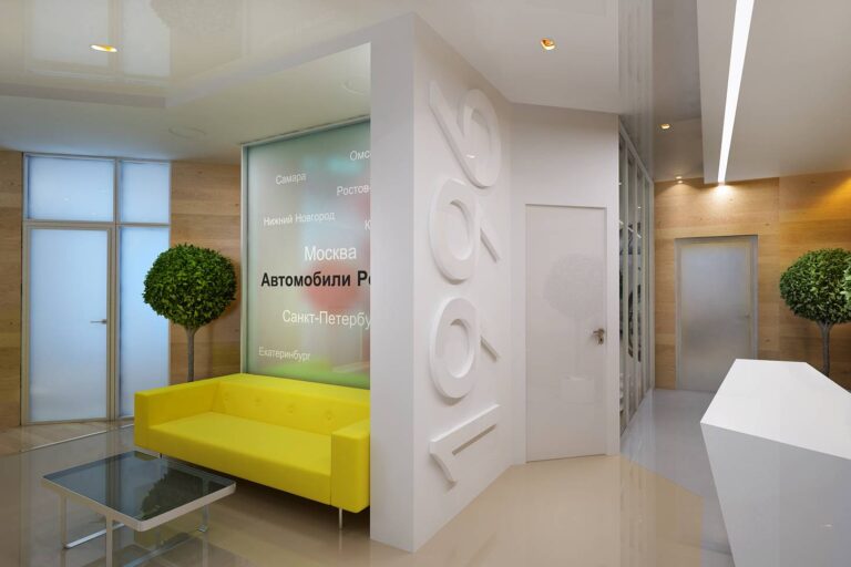 Фото оформления дизайна холла в офисе в ярком тоне