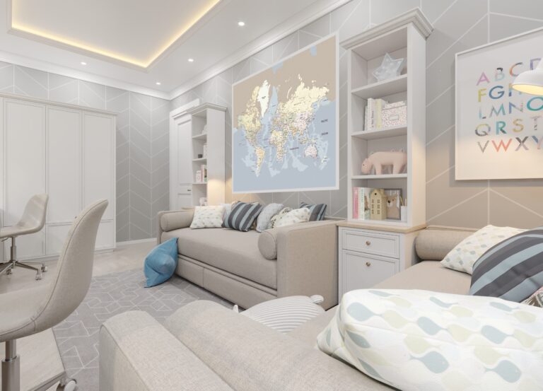 Проект двойной детской с бежевыми диванами и белыми шкафами