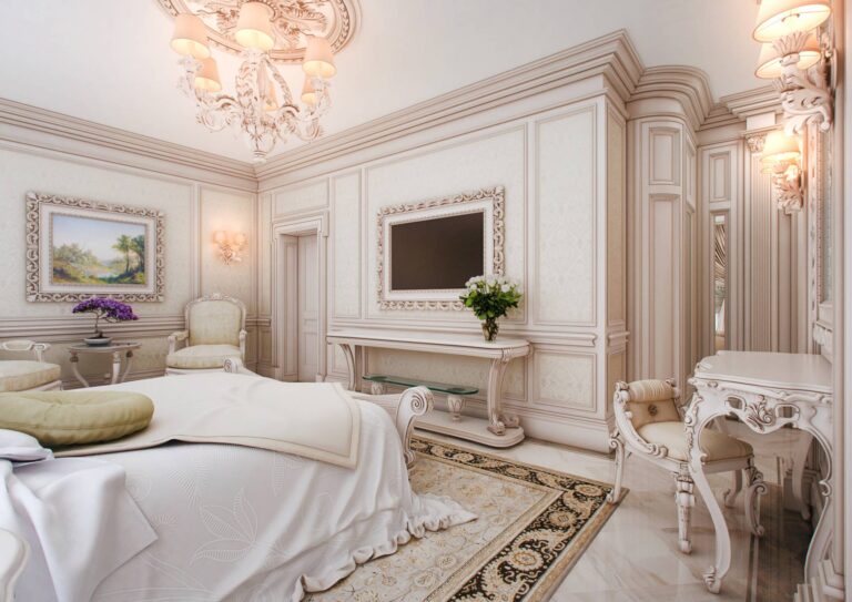 Белый цвет в дорогом дизайне интерьера спальни