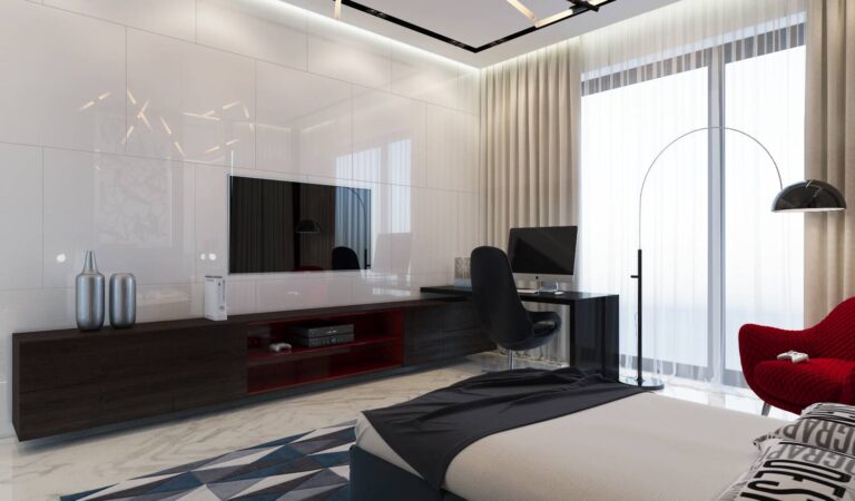 Темная мебель современной спальни на фоне стен из белых глянцевых панелей