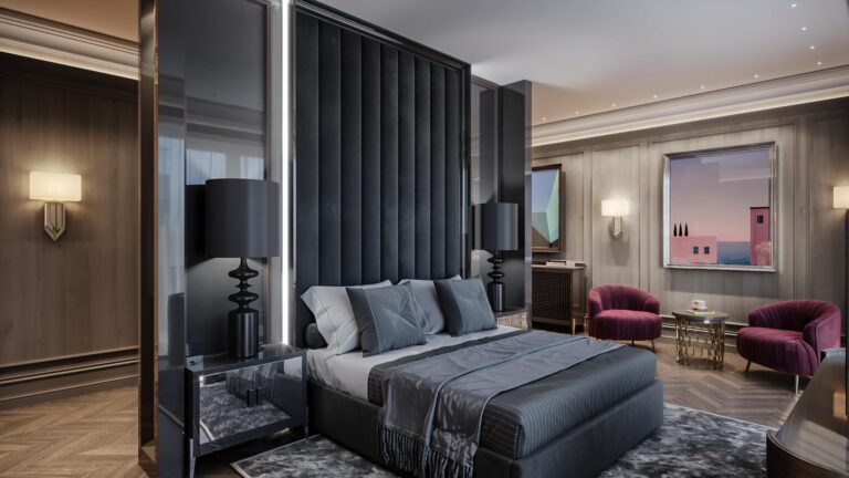 Дизайн спальни графитового оттенка с бордовыми креслами