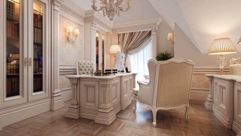 Кабинет с небольшим окном, ассиметрично задрапированным пышными портьерами