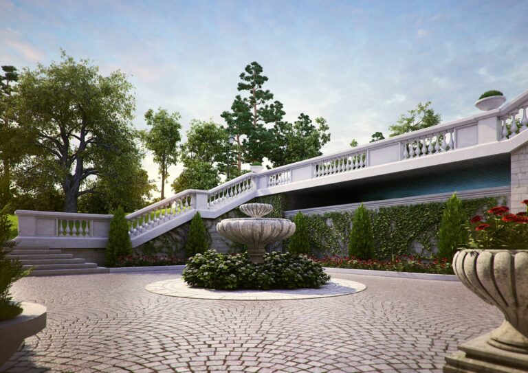 Внутренний дворик, вымощенный каменной плиткой, с вазоном посередине