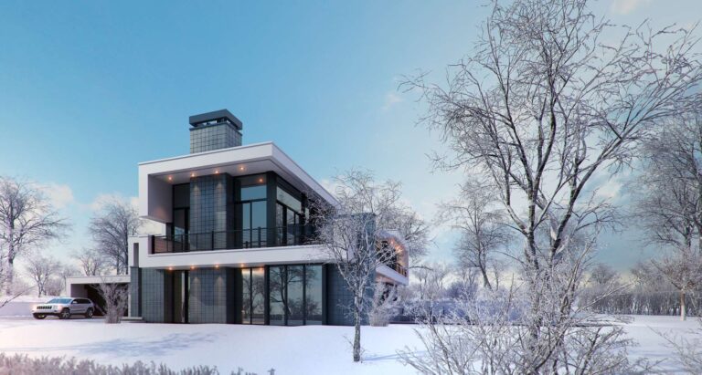 Фасад загородного дома с балконом и панорамными окнами