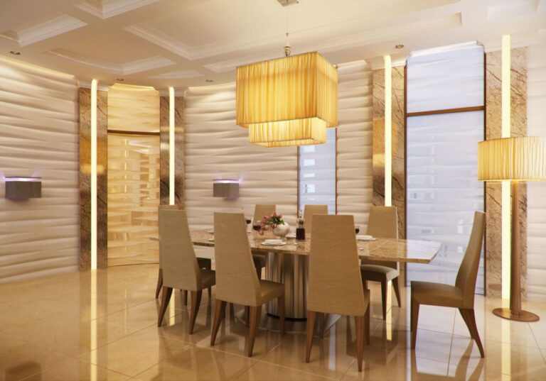 Дизайн столовой в бежевых тонах с желтыми акцентами