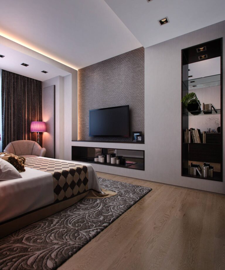 Коричневые шторы в интерьере светло-серой спальни