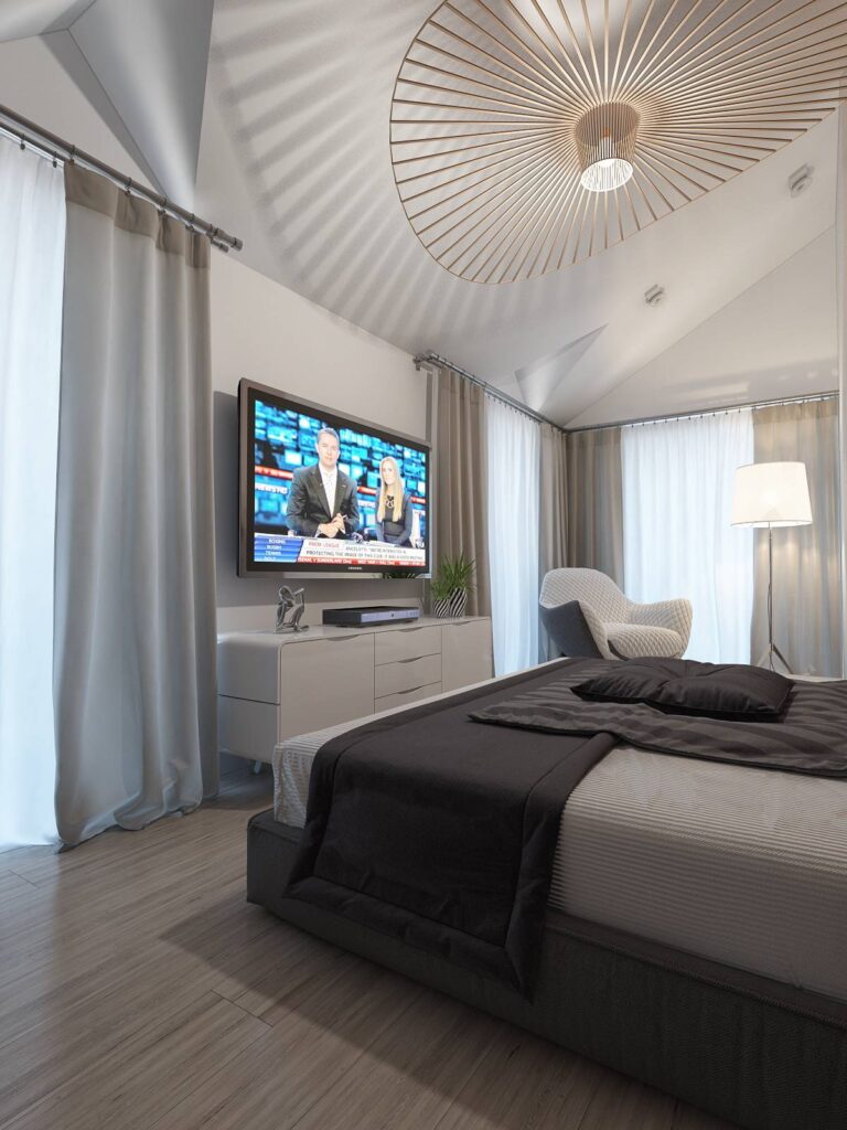 Небольшая спальня с настенной ТВ панелью