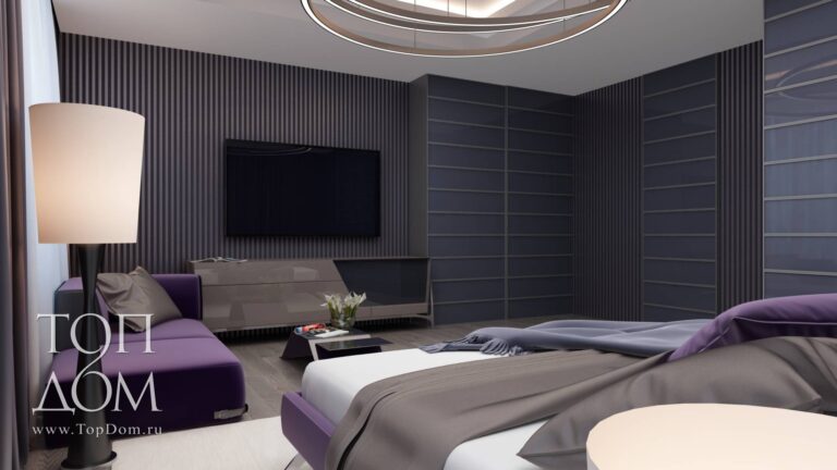 Интерьер спальни с темными встроенными стеклянными шкафами