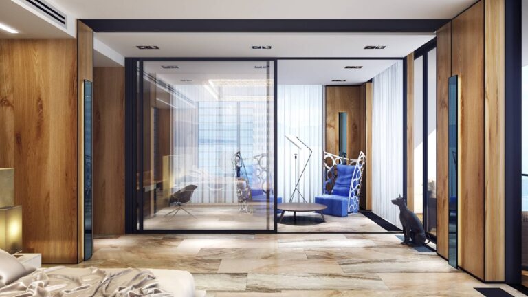 Раздвижные стеклянные панели в зонировании интерьера помещения