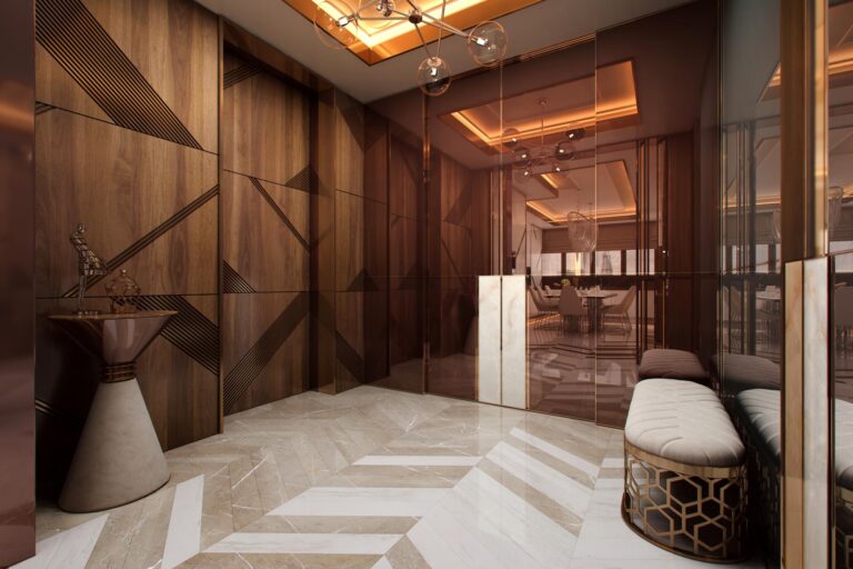 Холл с глянцевым полом из мрамора белого и бежевого цвета