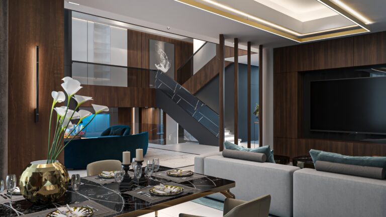 Светлый дизайн гостиной с темным деревом