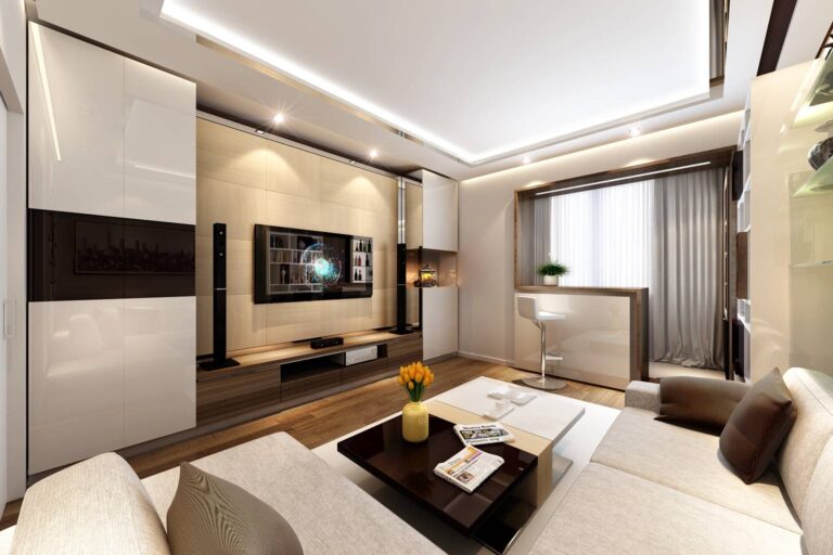 Дизайн интерьера гостиной с объединенным балконом