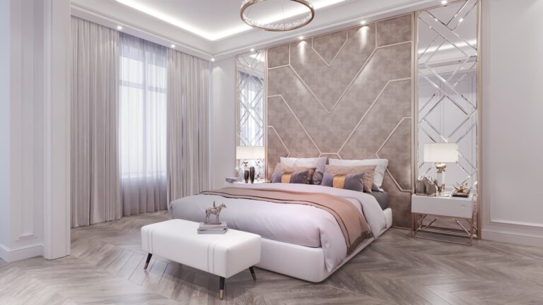 Люстра в виде кольца в большой спальне