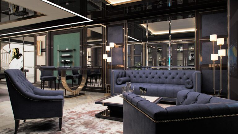 Мягкая мебель в фиолетовой обивке в дизайне гостиной