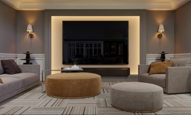 Дизайн гостиной с большими пуфами и креслами