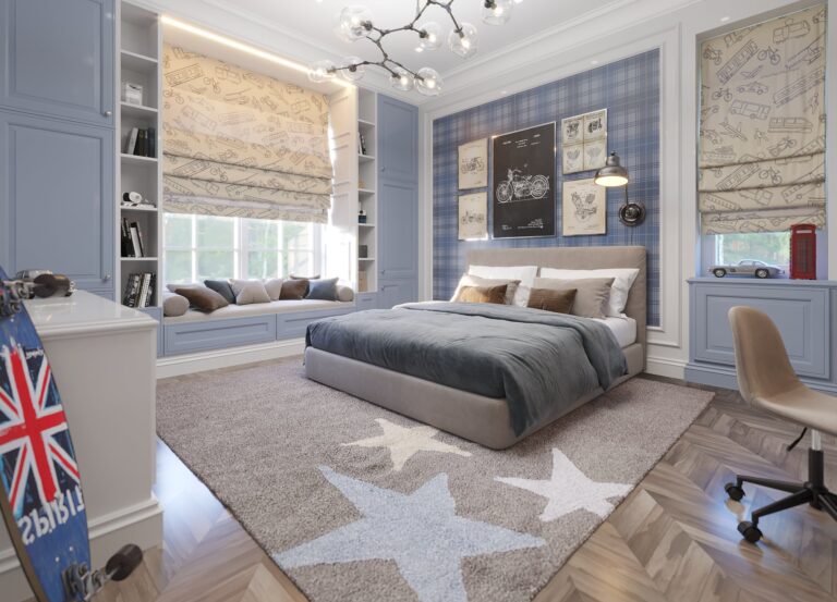 Интерьер детской спальни в серо-голубом цвете