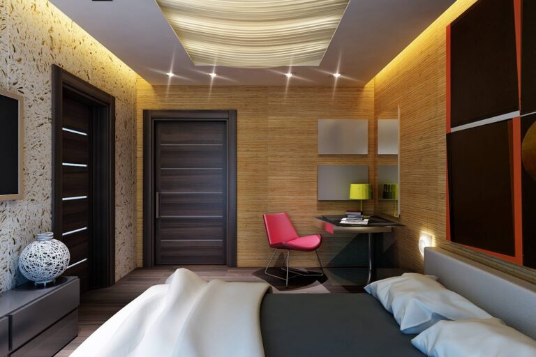 Мебель серого цвета в оформлении спальни из натуральных материалов