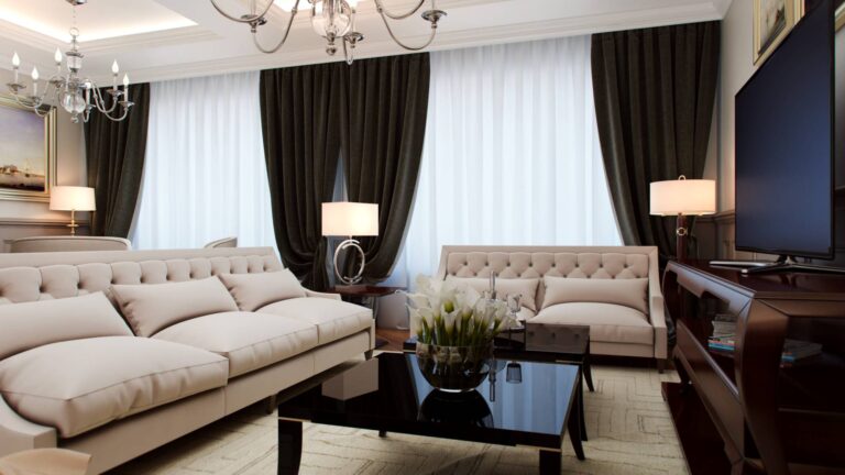 Гостиная с контрастными темно-зелеными и белыми шторами