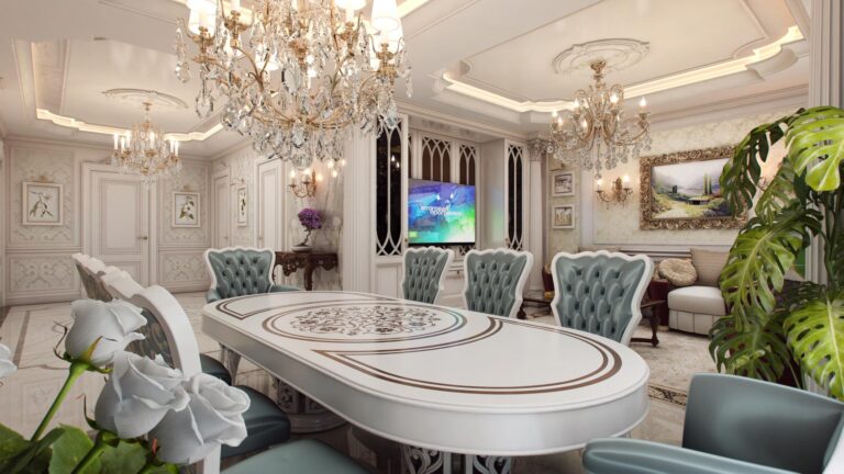 Белый овальный стол с узорами в интерьере классической столовой