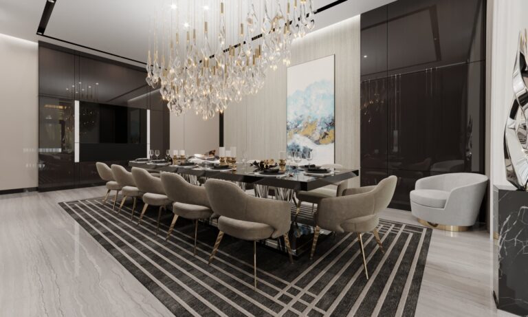 Интерьер столовой с темно-светлыми стенами