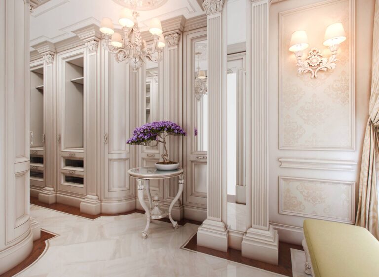 Дизайн гардеробной с белой мебелью из массива