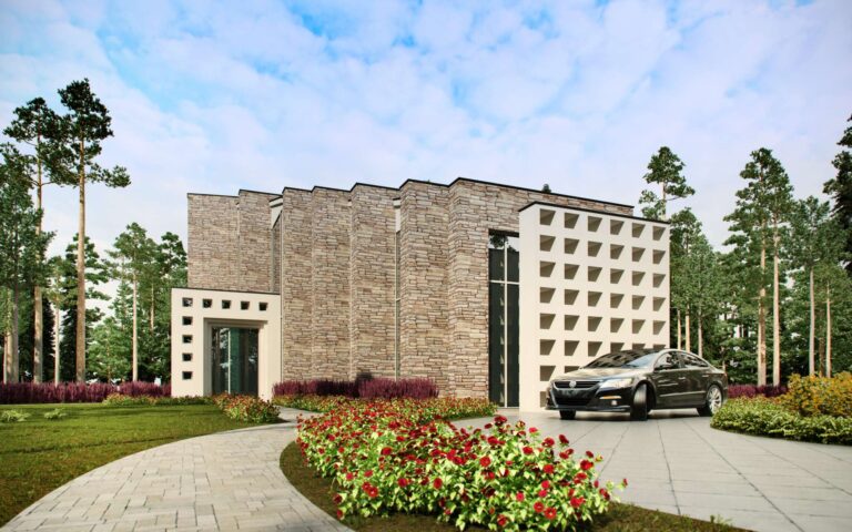 Фронтальный фасад в белой отделке, природном камня, стекле и парковка, выложенная тротуарной плиткой