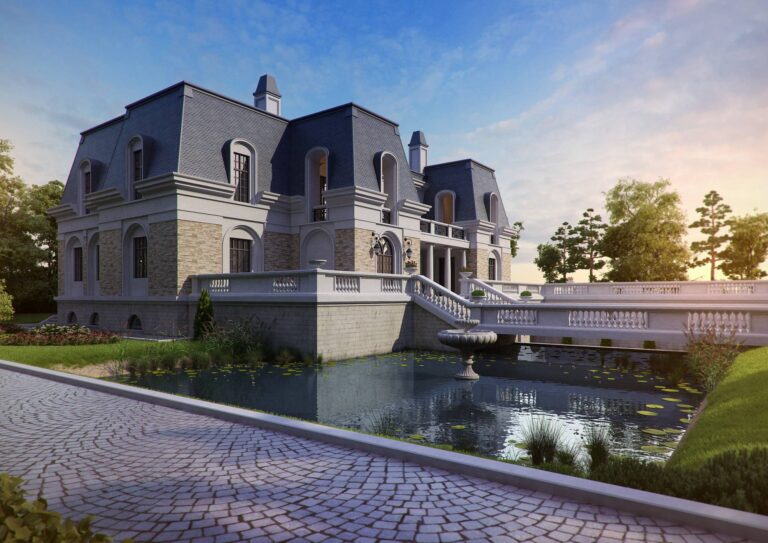 Дизайн территории перед правым фасадом загородного дома