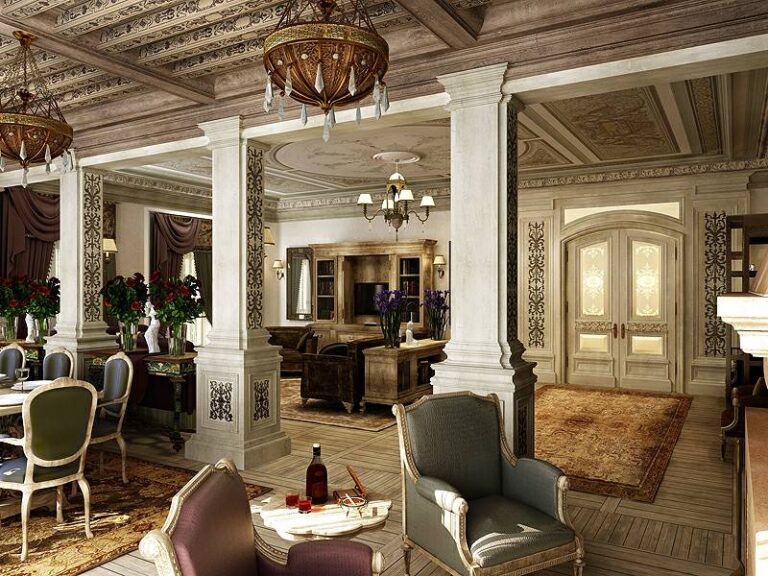 Дизайн совмещенных гостиной и столовой с эффектными люстрами